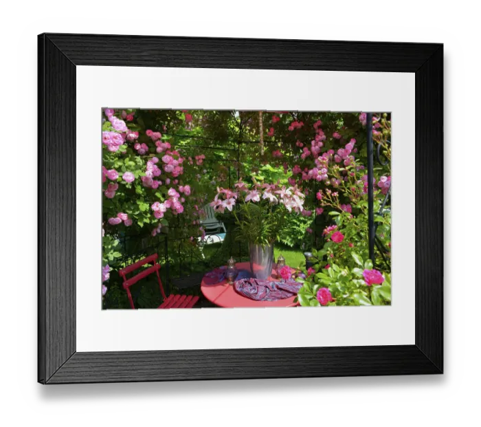 Framed Print : Roses in pavilion with bouquet of lilies