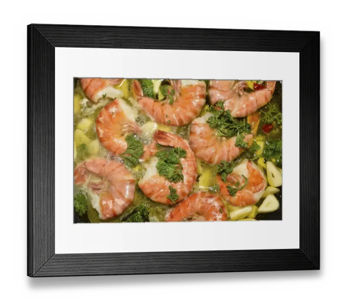 Framed Print : King prawns, tiger shrimps, with garlic and parsley in a pan