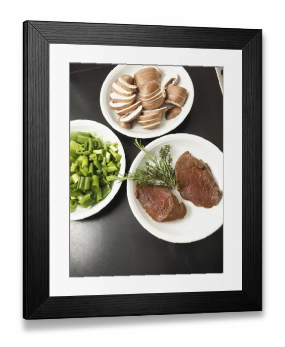 Framed Print : Filet steak of red deer with ingredients in a kitchen