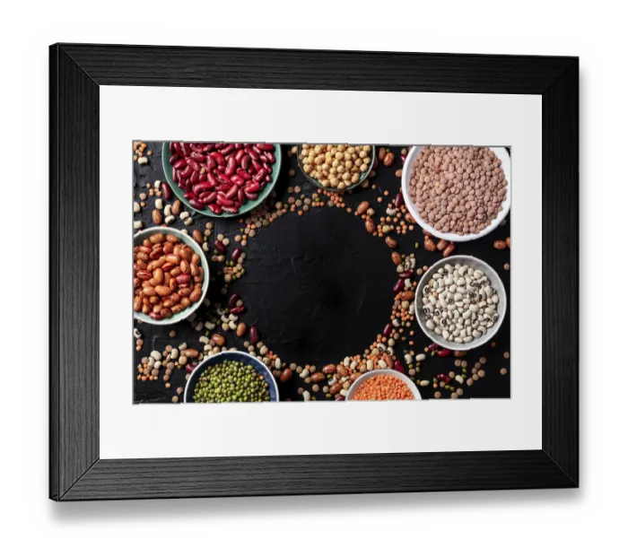 Framed Print : Legumes assortment, shot from the top on a black background with a place for text