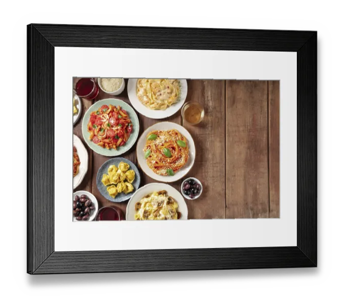 Framed Print : Italian pasta, various dishes, overhead flat lay shot with copy space Framed Print : Italian pasta, various dishes, overhead flat lay shot with copy space
