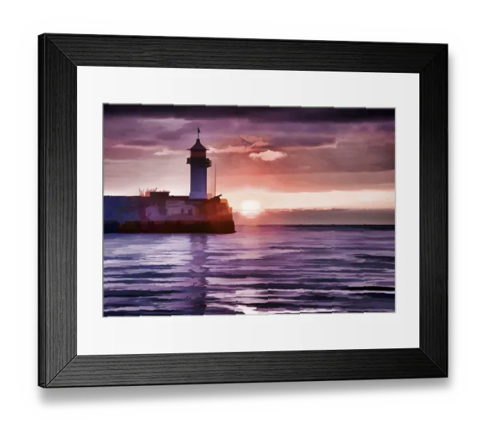 Framed Print : Watercolor style image of lighthouse on sunrise