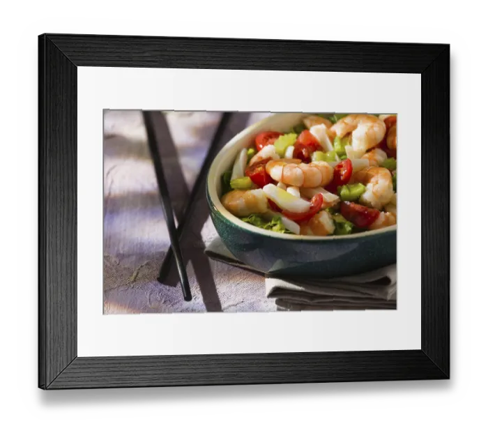 Framed Print : Close up of salad of shrimps and chopsticks inside an oval bowl Framed Print : Close up of salad of shrimps and chopsticks inside an oval bowl