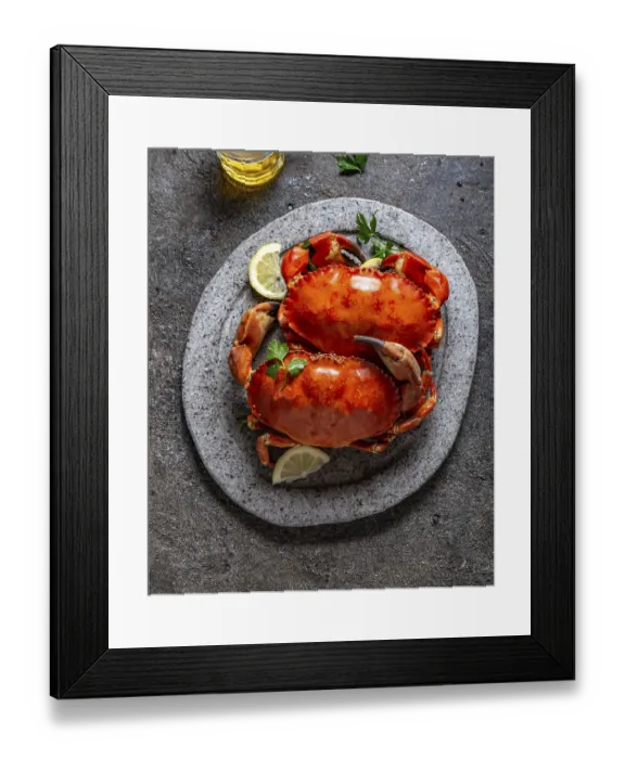 Framed Print : Food, Food, Whole cooked crabs on white plate with lemon and beer