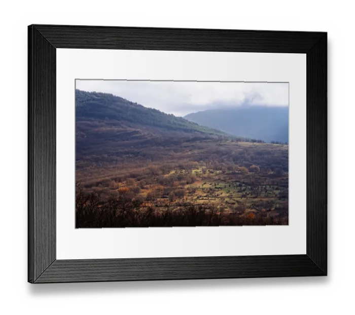 Framed Print : Aerial drone view of the Mountain Range of Rincon in Madrid during autumn Sierra del Rincon in Madrid