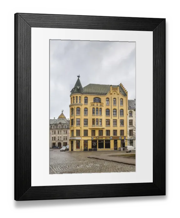 Framed Print : Street with Cat House in the old town of Riga