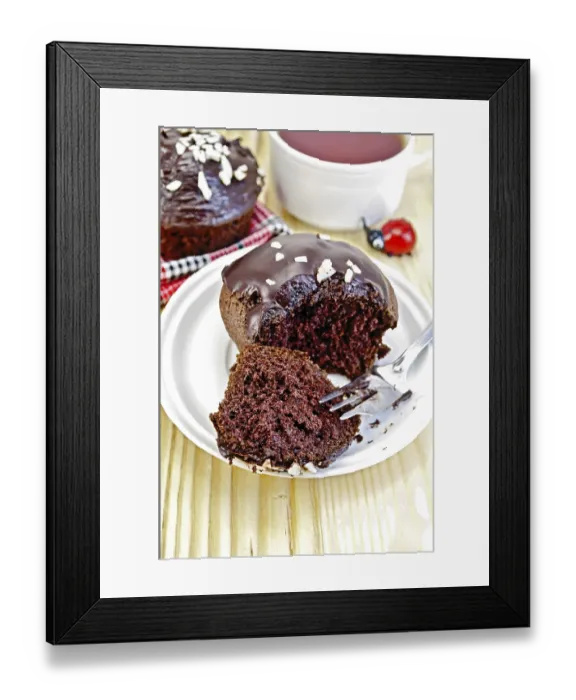 Framed Print : Chocolate cake, broke a fork on a white plate