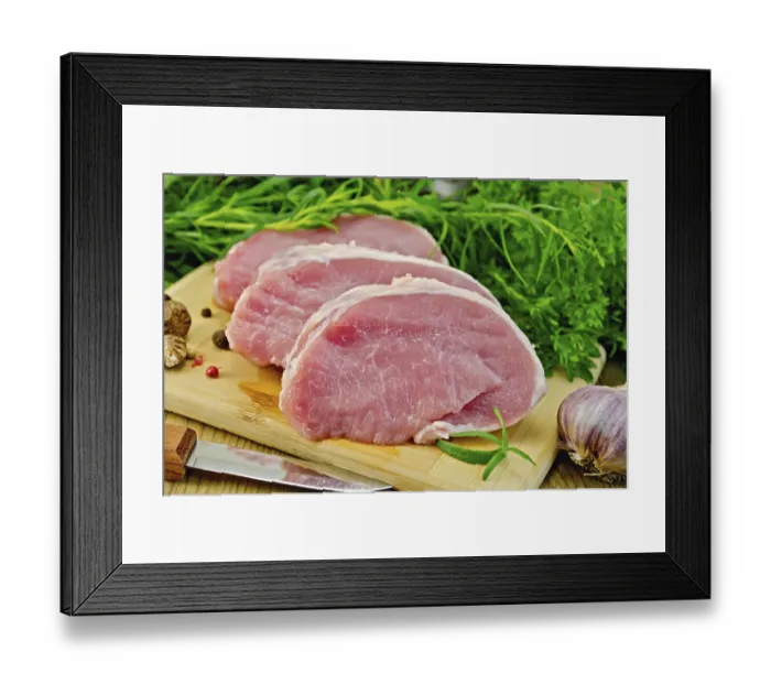 Framed Print : Three slices of pork, garlic, nutmeg
