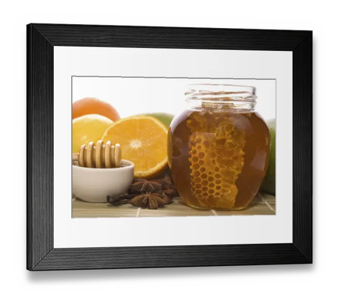 Framed Print : Fresh honey with honeycomb, lemons
