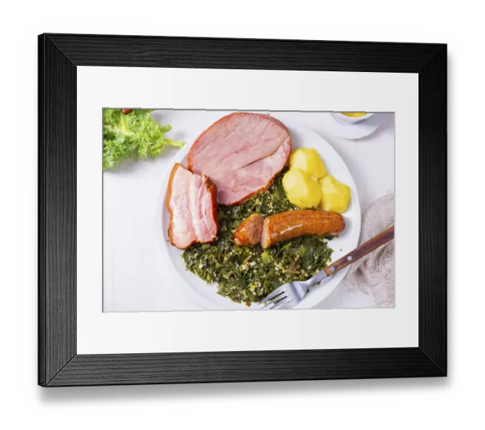 Framed Print : A delicious real Oldenburg kale with peeled sausage