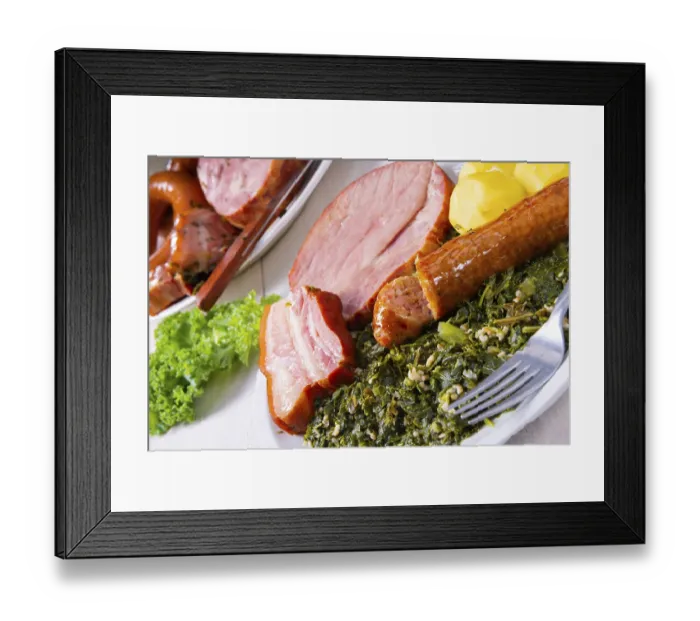 Framed Print : A delicious real Oldenburg kale with peeled sausage