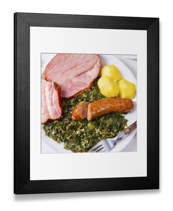 Framed Print : A delicious real Oldenburg kale with peeled sausage