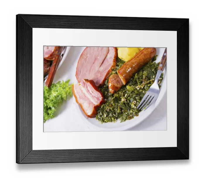 Framed Print : A delicious real Oldenburg kale with peeled sausage