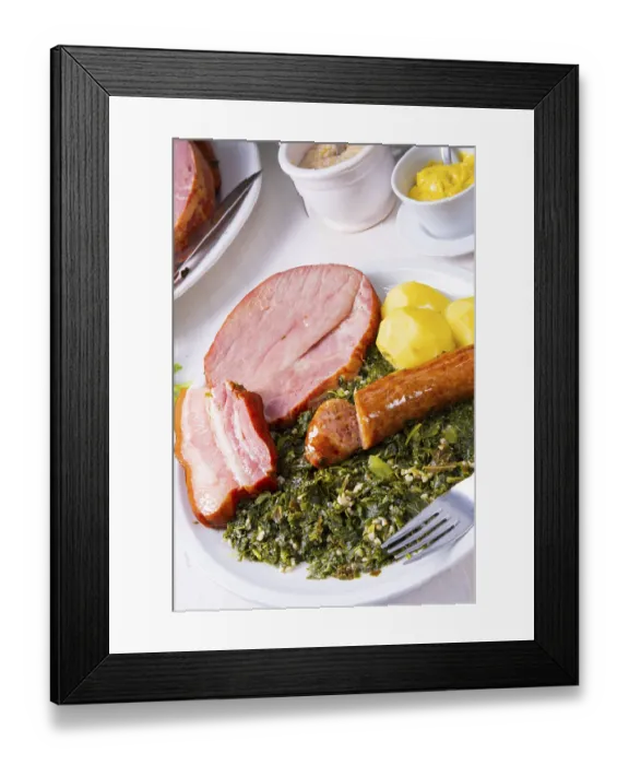 Framed Print : A delicious real Oldenburg kale with peeled sausage