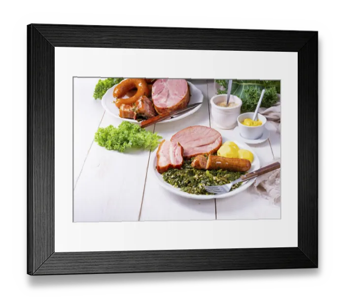 Framed Print : A delicious real Oldenburg kale with peeled sausage