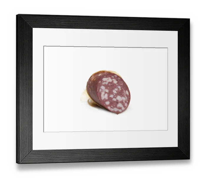 Framed Print : Piece of the cleaned sausage insulated on white background