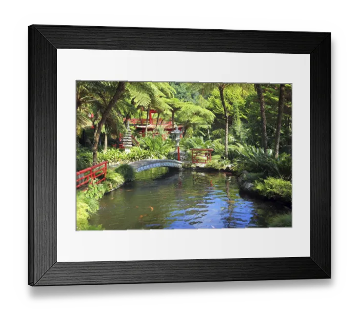 Framed Print : Lovely pond with goldfish. In the depths of the park is visible Chinese gazebo