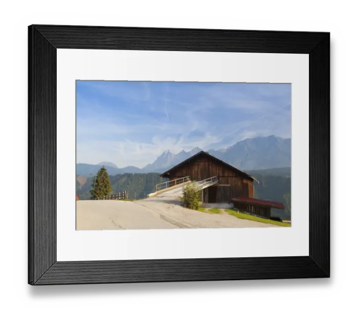 Framed Print : Old woodshed in the high mountains in Austria