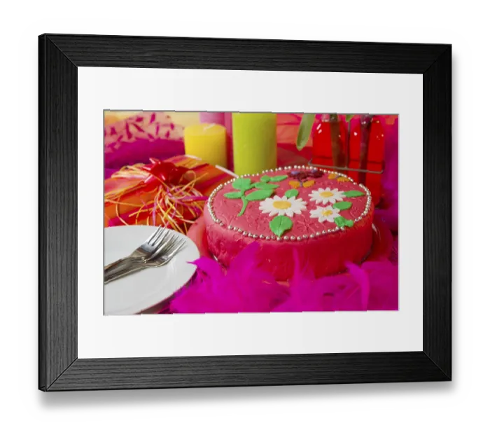 Framed Print : Pink birthday cake with flowers and butterflies in still life Framed Print : Pink birthday cake with flowers and butterflies in still life