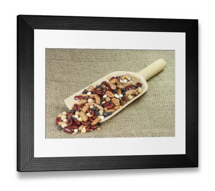Framed Print : Colourful beans on a wooden shovel