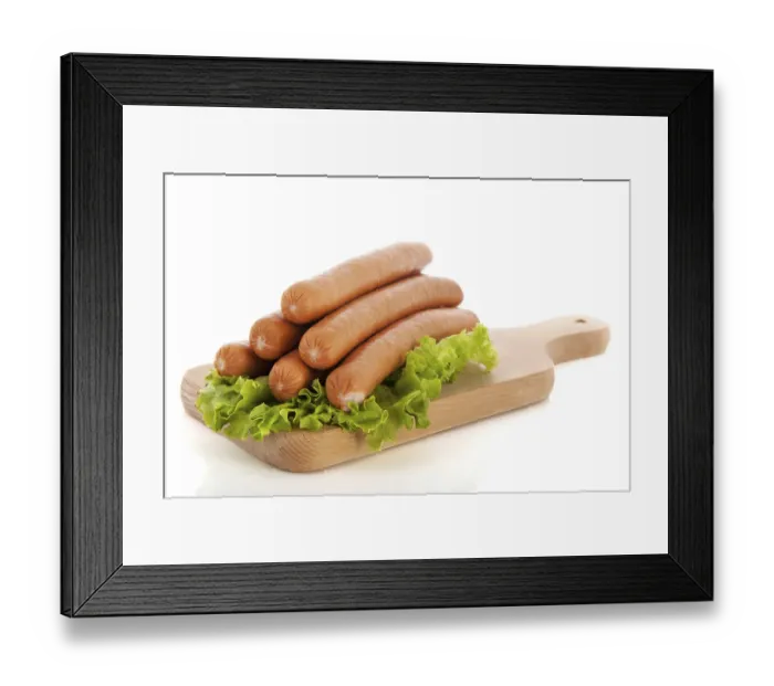 Framed Print : Sausages on wooden cutting board Framed Print : Sausages on wooden cutting board