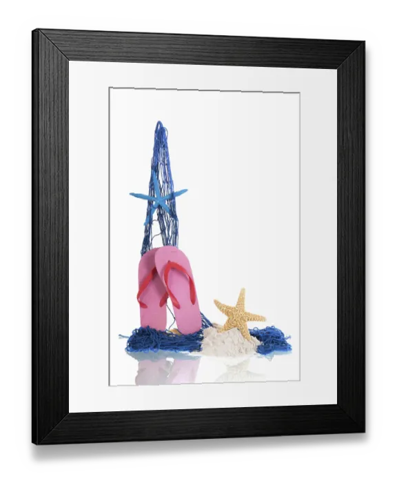 Framed Print : Blue fishing net with shells and flip flops isolated over white background Framed Print : Blue fishing net with shells and flip flops isolated over white background