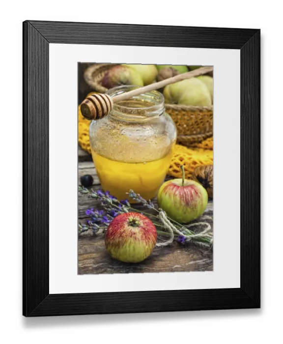 Framed Print : Autumn harvest of apples in the background of the glass jar with fragrant honey