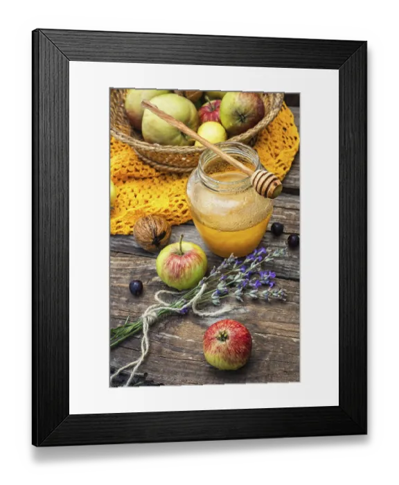 Framed Print : Autumn harvest of apples in the background of the glass jar with fragrant honey