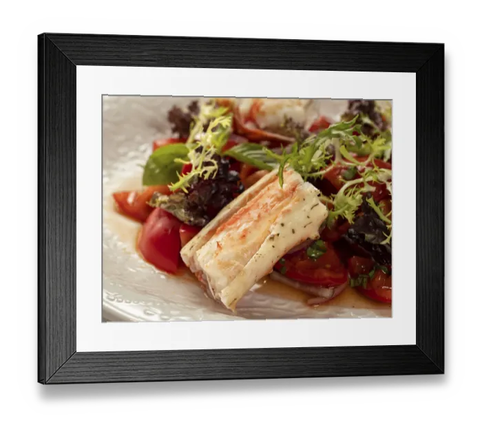 Framed Print : Delicious seafood crab salad on white plate on restaurant table background