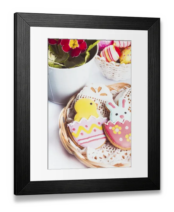 Framed Print : Easter cookies and decorative eggs. Easter decor