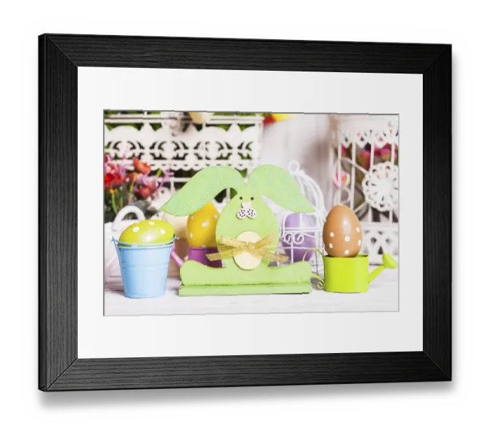 Framed Print : Wooden bunny - Easter decoration on the table