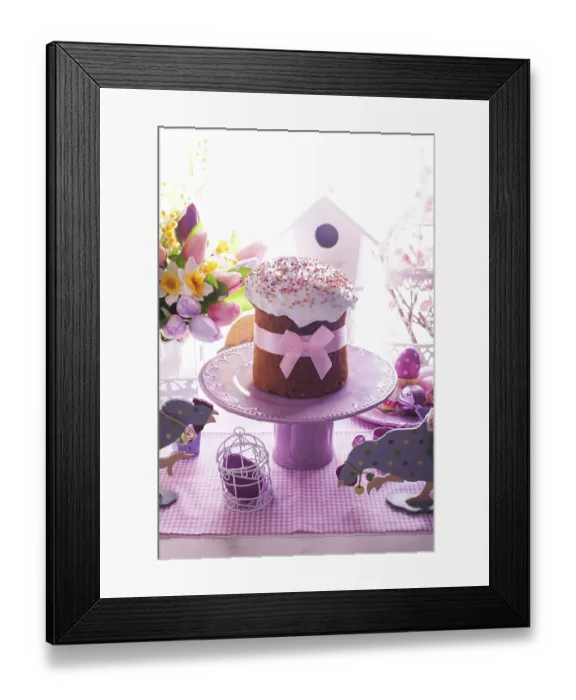 Framed Print : Easter cake and lilac desorations - wooden chicken and cock on the foreground