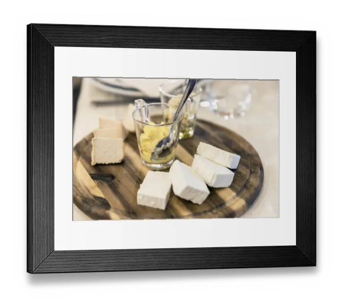 Framed Print : Wooden plate with cheese and sauces Framed Print : Wooden plate with cheese and sauces