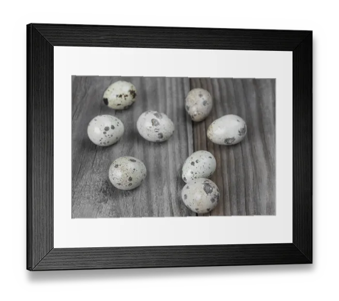 Framed Print : Several spotted quail eggs on the background of the old wooden boards