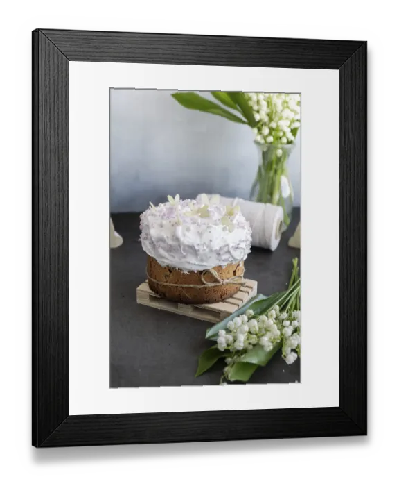 Framed Print : Traditional tasty sugar glazed Easter cake with decoration fresh flowers Easter eggs