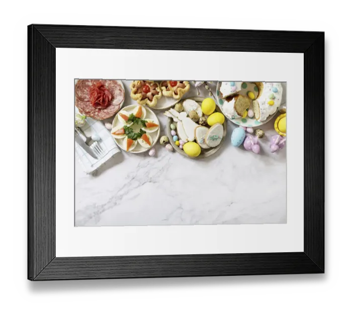 Framed Print : Festive dinner, Easter brunch. Easter table scene with an assortment of baking