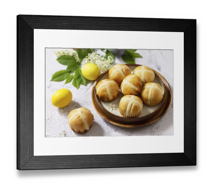 Framed Print : Easter baking. Homemade Easter traditional hot cross buns on a gray stone tabletop