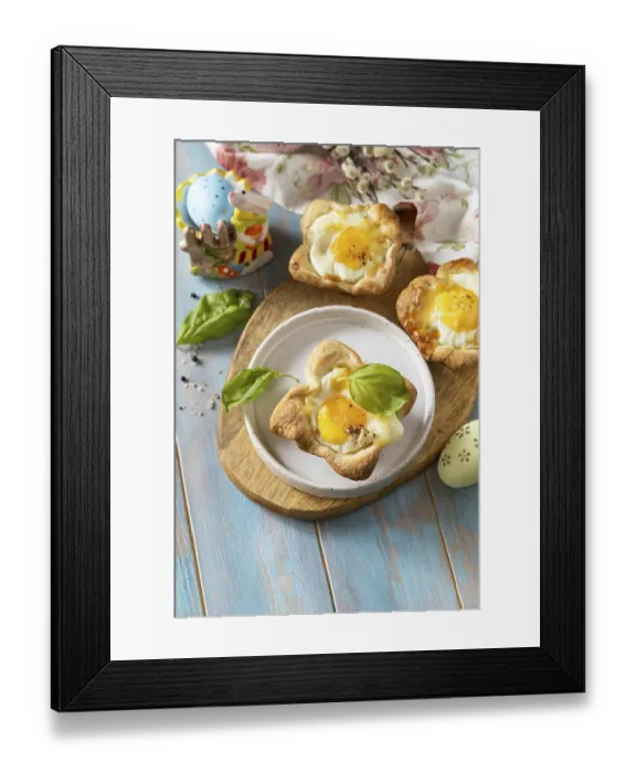 Framed Print : Scrambled eggs in puff pastry with cheese and bacon Framed Print : Scrambled eggs in puff pastry with cheese and bacon