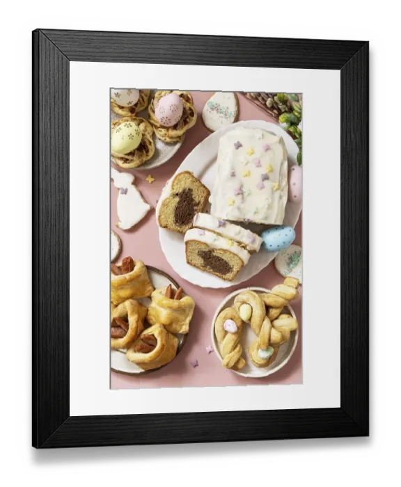 Framed Print : Happy Easter holiday food baking puff pastry and cupcake with Easter Bunny on pastel pink background