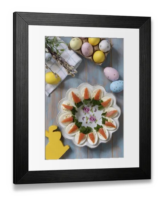 Framed Print : Stuffed eggs with cheese and salted salmon in the form of a carrot on a wooden table