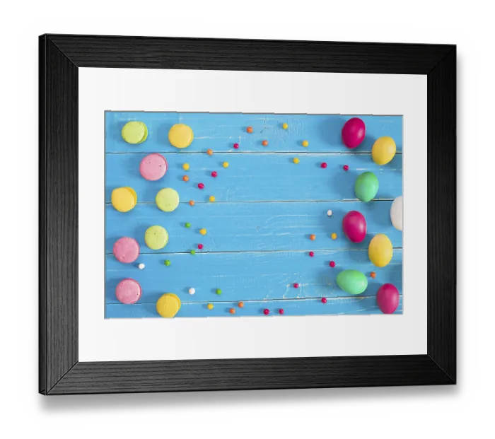 Framed Print : Colorful easter eggs on blue rustic wooden background