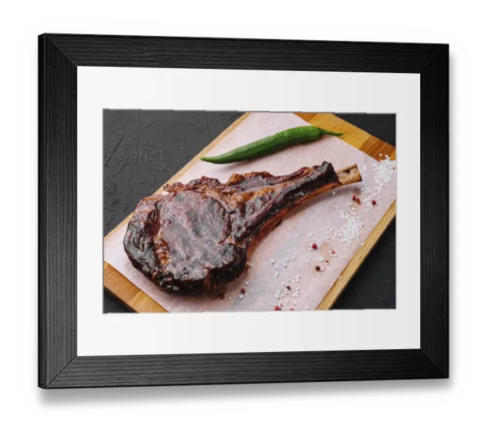 Framed Print : food still-life, Grilled pork steak on wooden board Framed Print : food still-life, Grilled pork steak on wooden board