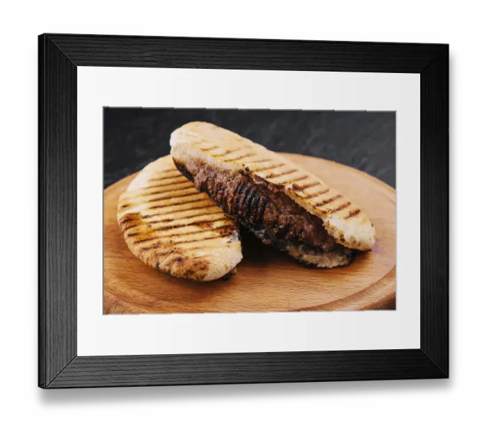 Framed Print : food still-life, Fried pita with pork steak on wooden tray