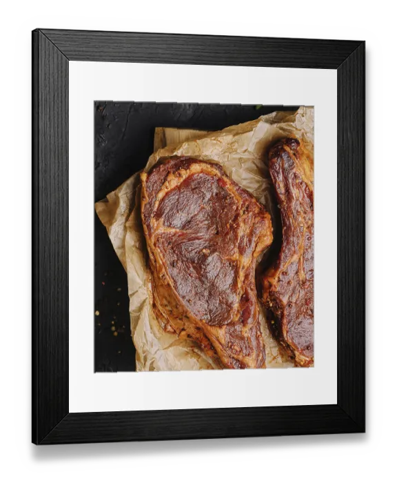 Framed Print : food still-life, Marinated pork steaks on cutting board for cooking