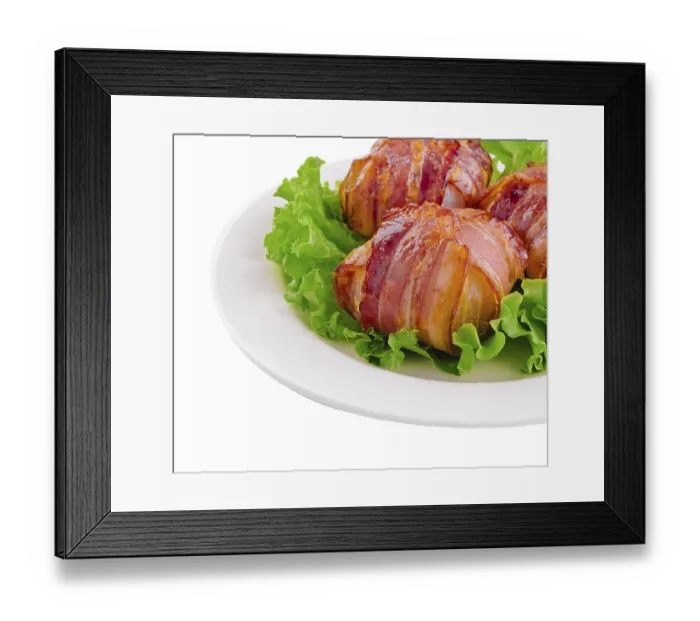 Framed Print : food still-life, Twisted rolls with bacon on white plate