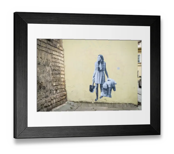 Framed Print : Woman holding bear and spade. Painting on wall