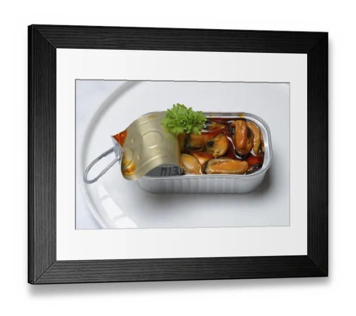 Framed Print : Mussels (Mytilus galloprovincialis) with marinade in tin can