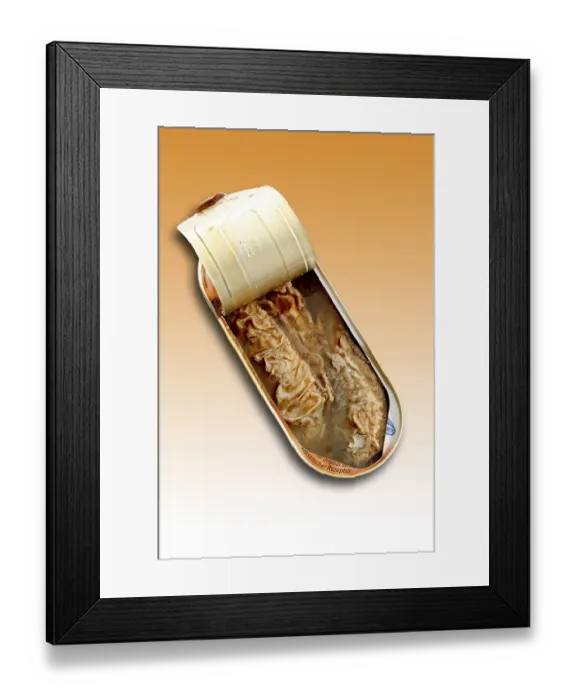 Framed Print : Open tin can with fried herring in a spicy marinade