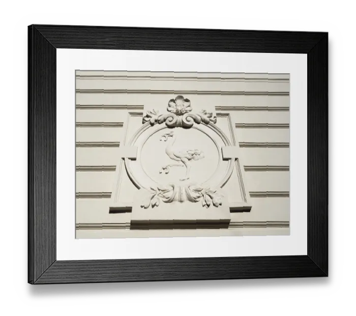 Framed Print : Stone sculpture, bird ostrich with horseshoe in beak Framed Print : Stone sculpture, bird ostrich with horseshoe in beak