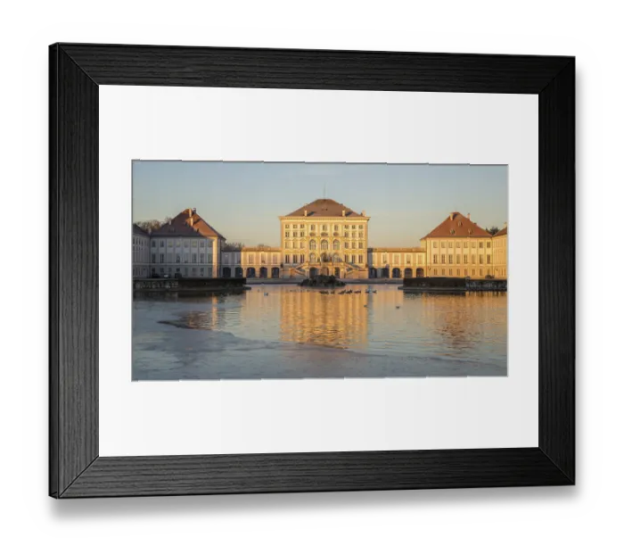 Framed Print : Castle Nymphenburg at sunrise, in front water basin with ducks Framed Print : Castle Nymphenburg at sunrise, in front water basin with ducks